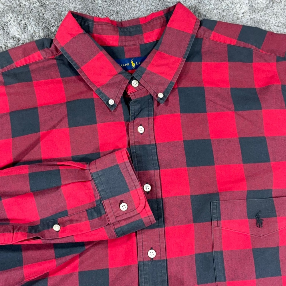Polo Ralph Lauren Button Down Shirt Mens 4XLT Red Black Buffalo Plaid Big Tall